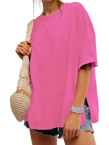 UNCLECAT Womens Oversized T Shirts Summer Trendy Short Sleeve Loose Fit Tee - color: Hot Pink 1, size: Large