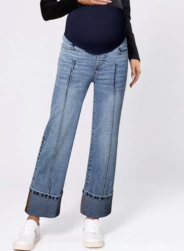 BLENCOT Maternity Jeans Over Belly Straight Leg Denim Pants with Pockets - color: Sail Blue, size: Medium