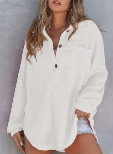 Astylish Women Waffle Knit Tops Henley Shirts - color: White, size: X-Large