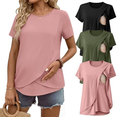 Ekouaer 3 Pack Nursing Shirts Short Sleeve Breastfeeding Tops Maternity Tee - color: Army Green/Black/Pink, size: Small