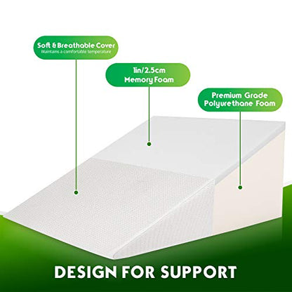 Abco Bed Wedge Pillow for Sleeping - Memory Foam Top - Reduce Neck & Back Pain, Snoring, Acid Reflux, Respiratory Problems - Ideal for Sleeping, Reading, Rest, Elevation - Washable Cover - 12in