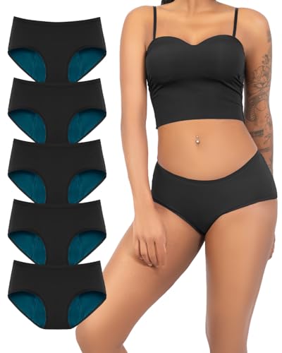 TIICHOO Period Underwear for Women Washable Soft Absorbent Panties 3 Pack - color: 5 Black, size: Medium
