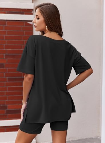 Ekouaer Womens 2 Piece Lounge Set Oversized V Neck Top Biker Short Pajamas - color: Black, size: Medium