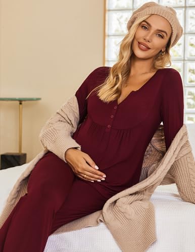 Ekouaer Maternity Nursing Pajama Set Long Sleeve Postpartum Pjs Mom Clothes - color: Wine Red, size: X-Large