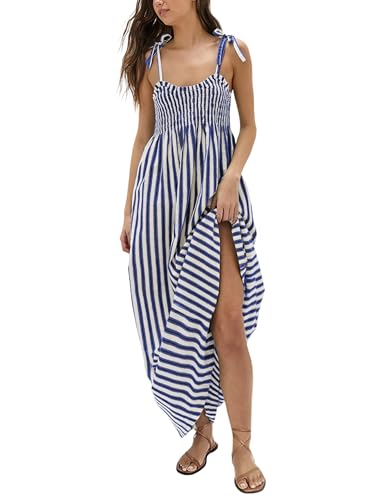 Lentta Women's Striped Smocked Maxi Dress Causal Spaghetti Strap Stretchy Flowy Swing Long Dress with Pockets - color: Kleinblue, size: Medium