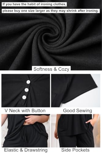 Vozanet Women's Plus Size Pajama Sets V Neck Pants Sets Solid Color Button Sleepwear Soft Loungewear Nighty with Pockets - color: Black, size: 3X-Large