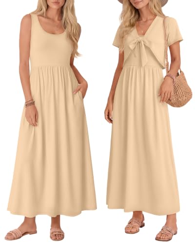 Women's Maxi Sundress Cropped Cardigan Set - color: Apricot, size: Medium