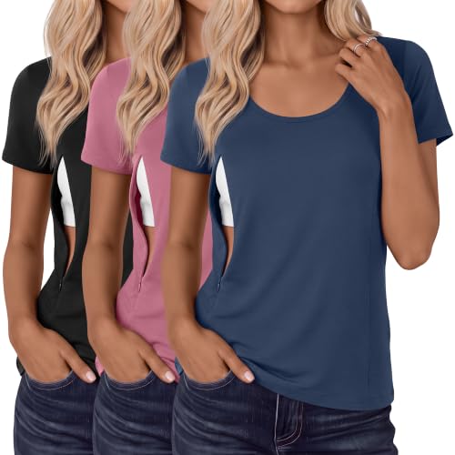 Huukeay 3 Pack Women's Nursing Shirts - color: Black, Dark Pink, Dark Blue, size: Medium
