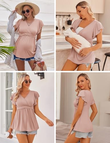Ekouaer Maternity Shirts 3 Packs Nursing Tops Pregnancy Clothes - color: Light Grey + Black + Pink(3pcs), size: Medium
