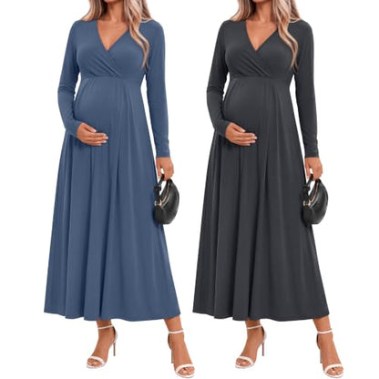 Neer 2 Pcs Maternity Maxi Dresses Long Sleeve Fall Nursing Dress - color: Haze Blue, Dark Gray, size: Large