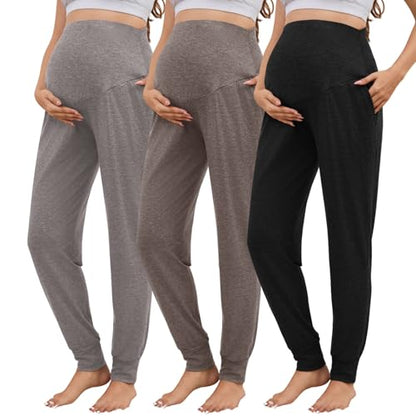 3 Pack Women's Maternity Sweatpants Over The Belly Pregnancy Jogger Pants Stretchy Maternity Pants with Pockets - color: Black/Light Coffee/Apricot, size: Medium