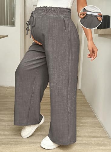 BLENCOT Maternity Pants Wide Leg High Waisted Flowy Pregnancy with Pockets - color: Dark Grey, size: Medium