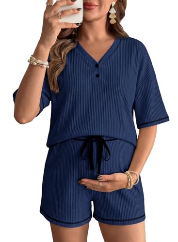 BLENCOT Maternity Pajamas Nursing Set Shorts Pregnancy Pj Sets - color: Navy Blue, size: Medium