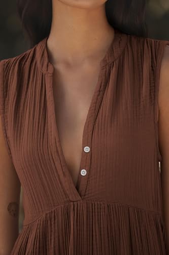 R.Vivimos Womens Summer Cotton Button V Neck Maxi Dress - color: Brown, size: Large