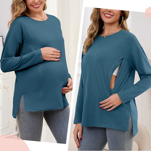Women's Nursing Shirts Long Sleeve with Hidden Zipper Oversized Breastfeeding Tops Side Split Maternity Blouse - color: Heather Blue, size: Medium