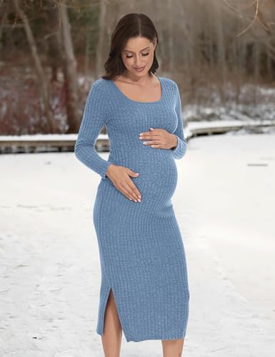 LAHILO Long Sleeve Knit Ribbed Maternity Sweater Dress for Fall Winter - color: Blue, size: XX-Large