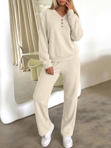 ANRABESS Womens Lounge Sets Waffle Fall 2 Piece Travel Outfits - color: Apricot, size: X-Large