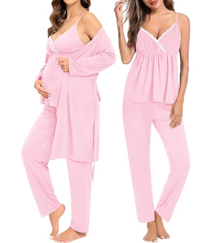 SWOMOG Maternity Nursing Robe Set 3 Piece Breastfeeding Pajamas 3 in 1 Labor Delivery Sleevless Tops&Long Pants Pregnancy Pjs - color: Pink, size: XX-Large