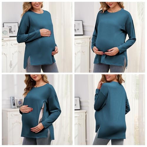 Women's Nursing Shirts Long Sleeve with Hidden Zipper Oversized Breastfeeding Tops Side Split Maternity Blouse - color: Heather Blue, size: Medium
