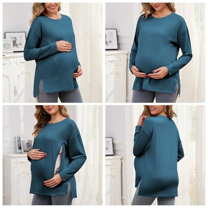 Women's Nursing Shirts Long Sleeve with Hidden Zipper Oversized Breastfeeding Tops Side Split Maternity Blouse - color: Heather Blue, size: Medium