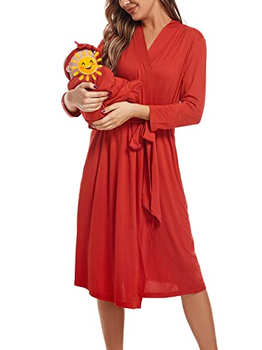 SUFEINI Maternity Robe with Matching Swaddle Blanket Set, Maternity Mommy Bathrobe Postpartum Robe Labor Gown