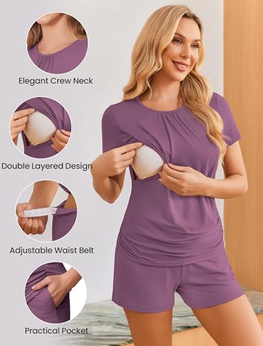 Ekouaer Maternity Nursing Pajamas Set 3 Piece Postpartum Breastfeeding Pjs - color: Purple Red, size: Medium