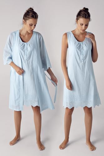 Maternity Nursing Pajama Set Blue Woven Cotton Sleeveless V-Neck Midi Robe and Pants, S - Multiple Options - size: Medium