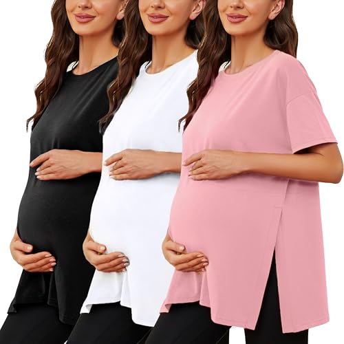 Ecavus Maternity Shirts Side Split Soft Cotton Loose Fit Pregnancy Tops - color: Black+white+pink, size: Small