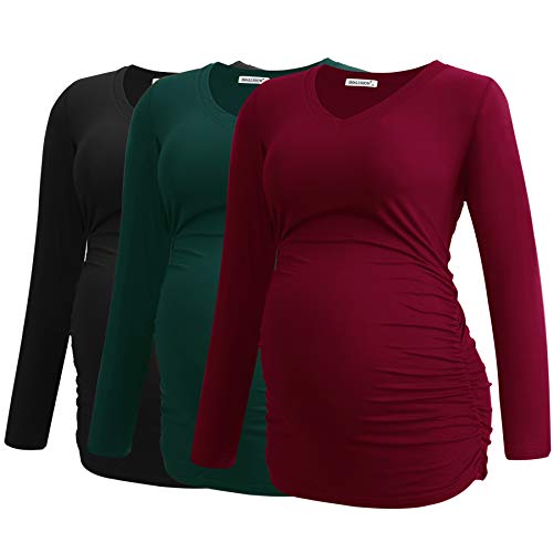 Smallshow Women's V-Neck Maternity Shirt Clothes Long Sleeve Ruched Pregnancy Top - color: Black-deep Green-wine(3 Pack), size: X-Large