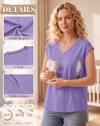 3 Pack Womens Nursing Tops V Neck - color: Purple, Light Pink, Khaki, size: XX-Large