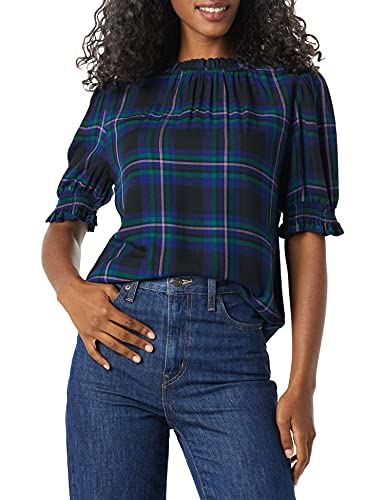 Amazon Essentials Women's Fluid Twill Short Puff Sleeve Ruffle Smock Detail Blouse - color: Black Multi Chelsea Tartan, size: X-Small