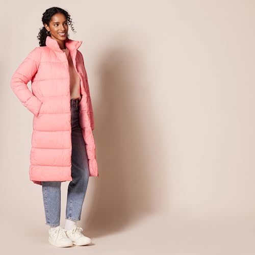 Amazon Essentials Women's Lightweight Full-Zip Water-Resistant Long Cocoon Puffer Winter Coat, Stand Collar, Insulated - color: Pink, size: Medium