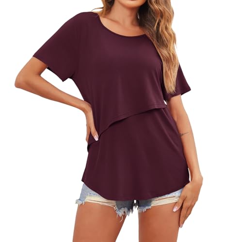 3 Pack Women Nursing Tops Short Sleeve Breastfeeding Shirts Maternity Tees - color: 3pcs- Black + Dark Red + Grey, size: Medium