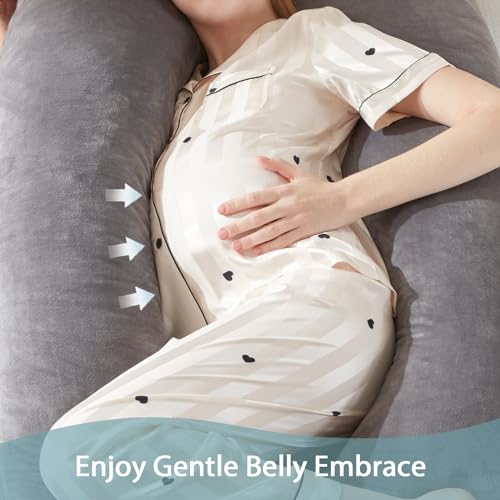 DOWNCOOL Pregnancy Pillow, U Shaped Body Pillow, Memory Foam Maternity Pillow, 55 Inch Grey Pillow with Removable Cover for Sleeping,Support for Back, Hips, Legs, Belly