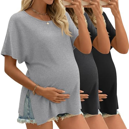 Riyiper 3 Pack Women's Maternity Tunic Cotton Shirts - color: Light Gray, Dark Gray, Black, size: Medium