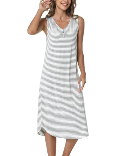 LazyCozy Women's Bamboo Viscose Cooling Nightgown for Hot Flashes - color: Grey Stripe, size: Large