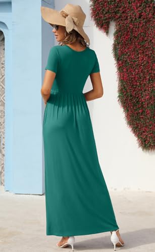 GRECERELLE Womens Summer Long Maxi Dresses 2026 Short Sleeve V Neck Casual Button Dress with Pockets - color: Emerald Blue, size: Large