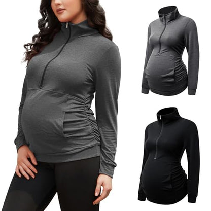 GINKANA Maternity Women's Long Sleeve Shirt Half Zipper Lapel Lightweight Casual Maternity Pullover with Pockets - color: Deep Grey+black, size: Small