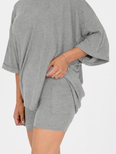 Fisoew Womens 2 Piece Lounge Set Ribbed Oversized T-Shirt Biker Shorts - color: Grey, size: Small