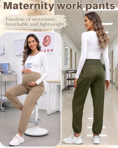 Locoowai 3 Pack Women's Maternity Jogger Scrub Pants with Pocket - color: Black, Army Green, Khaki, size: Small