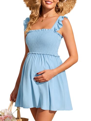 Summer Mae Smocked Maternity Swim Dress Ruffle A-Line with Pockets - color: Baby Blue, size: 14