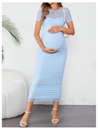 OYOANGLE Women's Maternity Sheer Short Sleeve Bodycon Dresses - color: Light Blue, size: X-Large