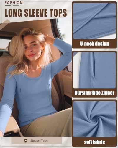 3 Pack Women's Long Sleeve Nursing Tops - color: Light Gray Blue, Cream, Black, size: Small
