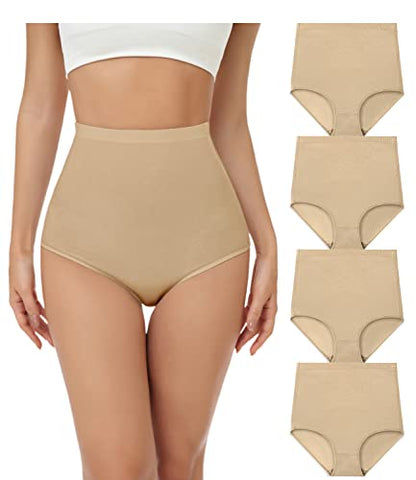 wirarpa Women's Underwear Cotton Super High Waisted Briefs Stretch Full Coverage Panties 4 Pack - color: Beige, size: Large