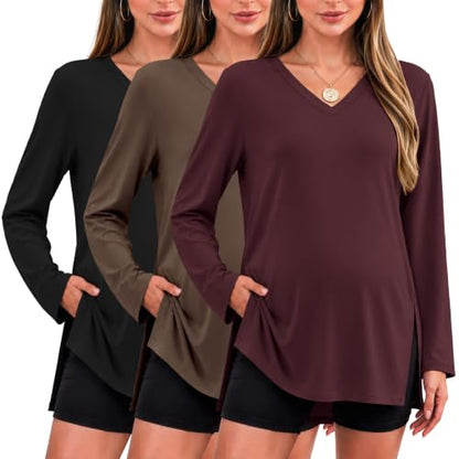 Ekouaer Womens 3 Pack Maternity Shirts Long Sleeve Pregnancy V Neck Clothes - color: Black/Dark Red/Khaki, size: Large