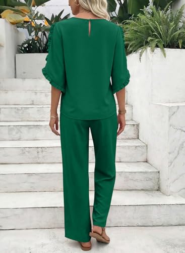 BLENCOT Women's Maternity 3/4 Ruffle Sleeve Two Piece Lounge Set Business Casual Pregnancy Office Outfits with Pockets - color: Dark Green, size: Medium