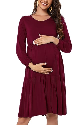 Smallshow Women's Maternity Dress Ruffle Long Sleeve Pregnancy Clothes - color: Maroon, size: Medium