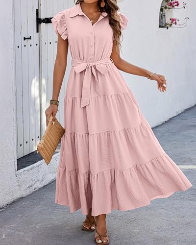 dowerme Women Ruffle Sleeve Button Belted Boho Maxi Dress - color: Pink, size: XX-Large