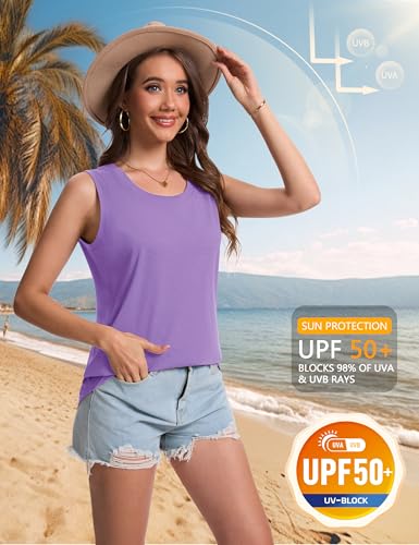 YUCOLEN Women's Tank Tops Loose Flowy Summer UPF 50+ Basic Sleeveless Tops - color: Light Purple, size: Large