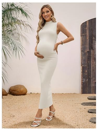 OYOANGLE Women's Maternity Mock Neck Sleeveless Ruched Bodycon Maxi Dress - color: Apricot, size: Large